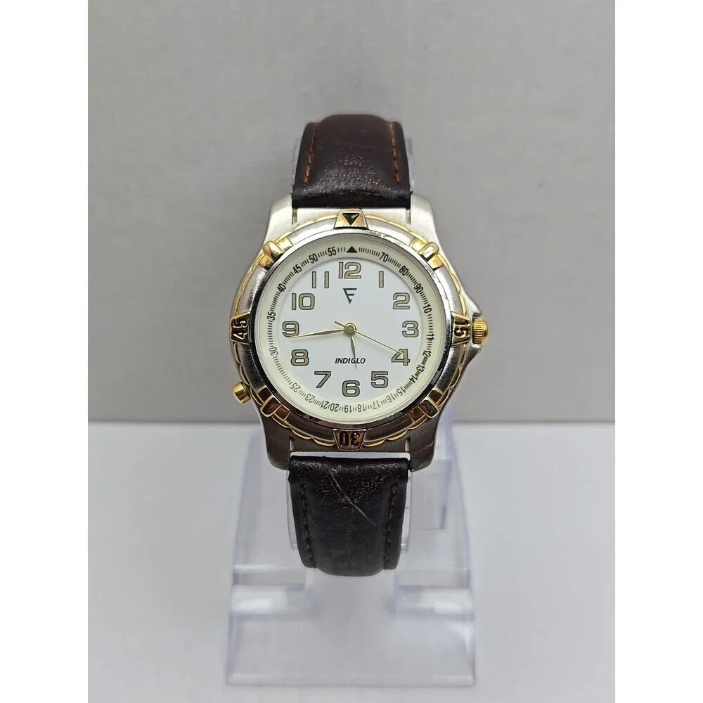 Timex Indiglo Easy Reader Mens Watch Two Tone Rotating Bezel Leather New Battery